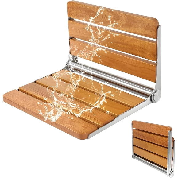 16" Teak Folding Shower Seat Wall Mounted, Fold Down Shower Bench, Space-Saving Foldable Bath Stool, Home Care Waterproof Teak Wood Stool for Elderly & Small Showers Spaces, 330lbs Max Load