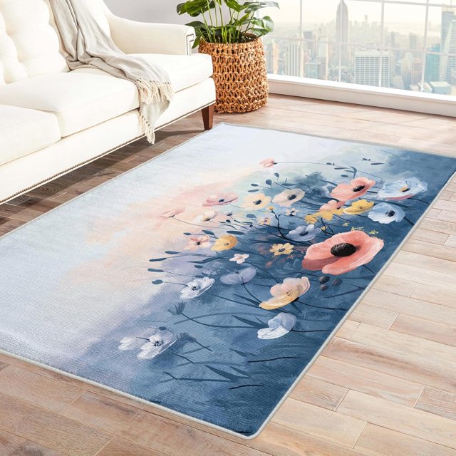 Flowers Rugs for Living Room Bedroom - Colorful Rug 3x5 - Plant Carpet for Home Decor - Washable Non Slip Patterned Indoor Small Area Rug - Soft & Low Pile (ZN&266)