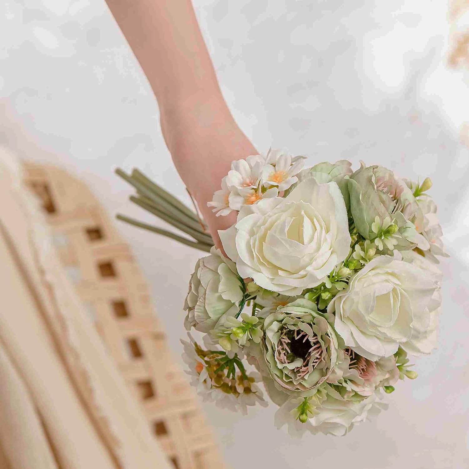 2pcs Artificial Flower Bouquets,12 Inch Wedding Bouquet for Bridesmaid, Tossing Bouquet for Bridal Shower Wedding Ceremony,White and Green