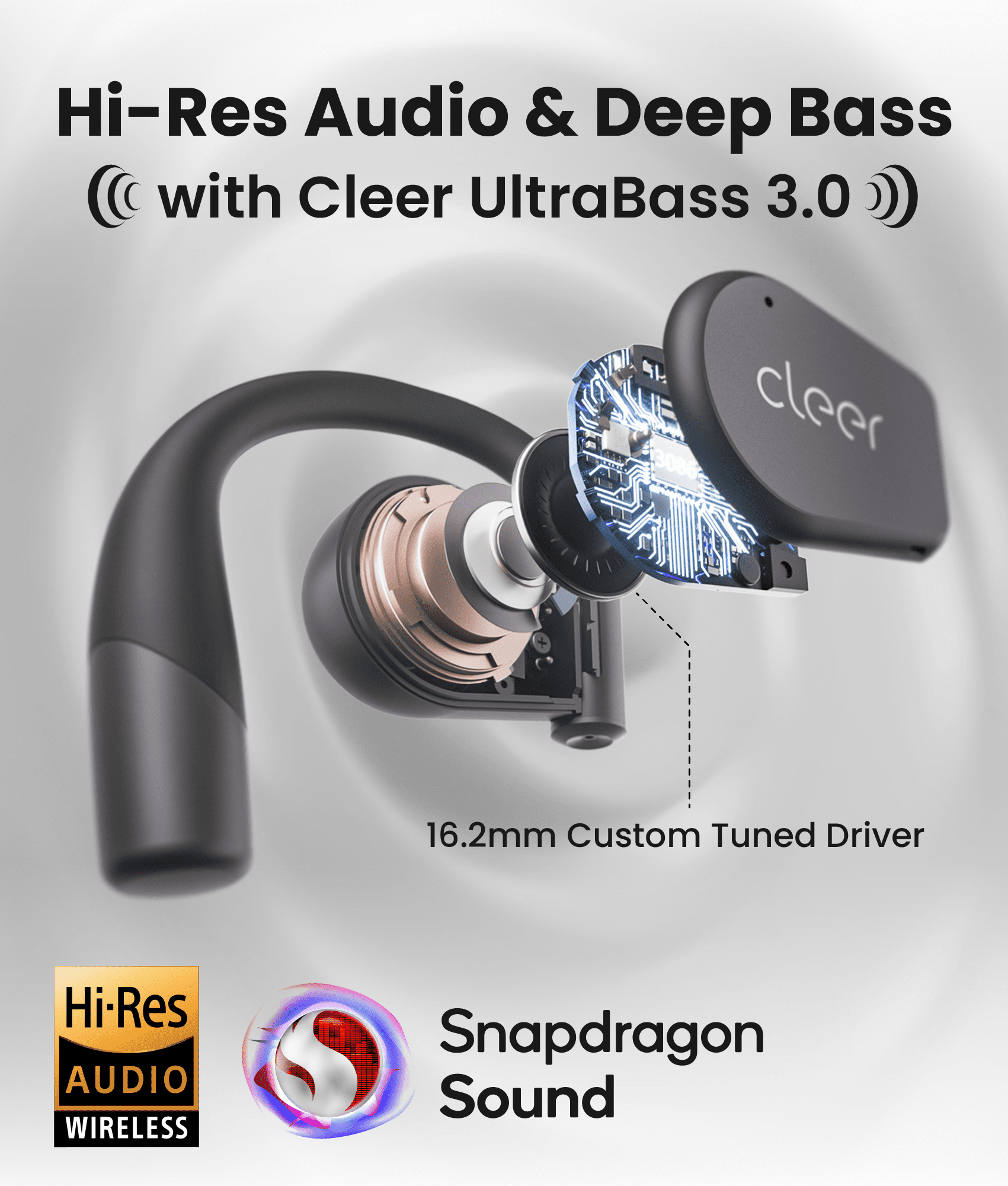 Cleer ARC3 Open Ear True Wireless Earbuds, IPX7 Waterproof Headphones with Earhooks, Built-in Microphone, Black