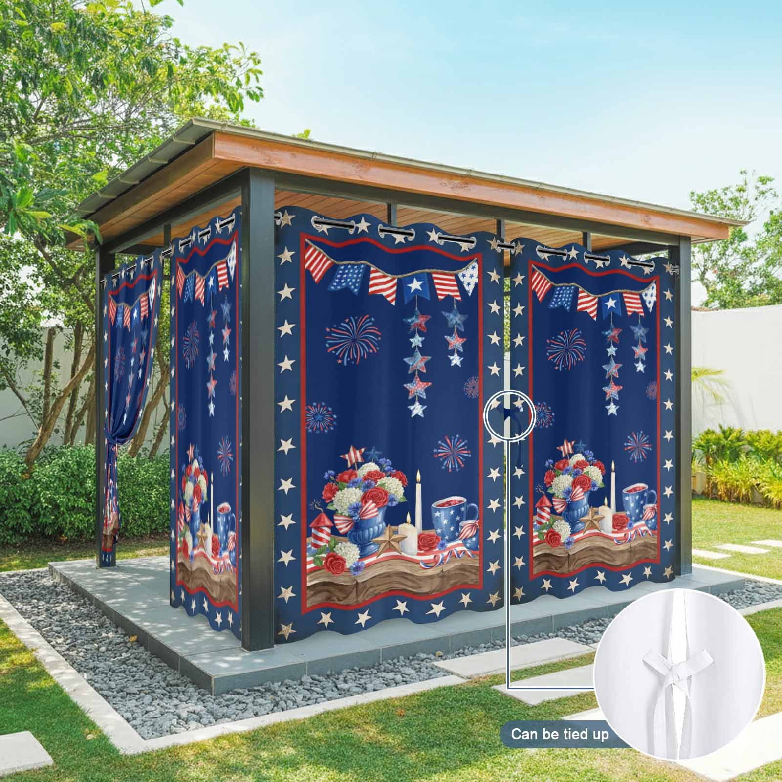 Independence Day Outdoor Curtains for Patio, Retro Red Blue USA Flag Floral Star Dark Blue Sunshade Privacy Drapes Grommet Waterproof Outside Curtains for Porch/Cabana/Balcony 54"x 108", 1 Panel
