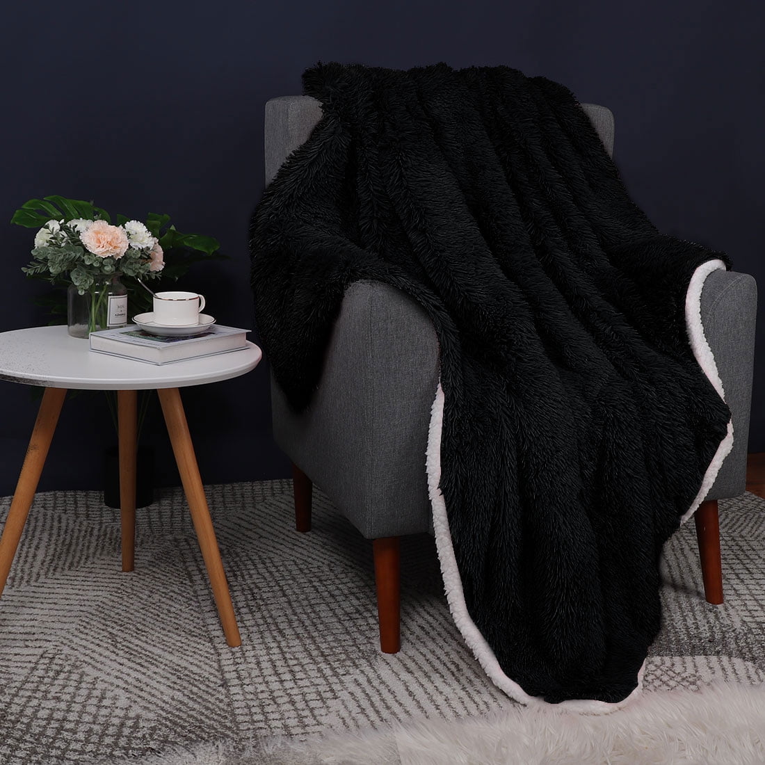 Unique Bargains Shaggy Faux Fur Soft Sherpa Blanket Black Throw(50" x 60")