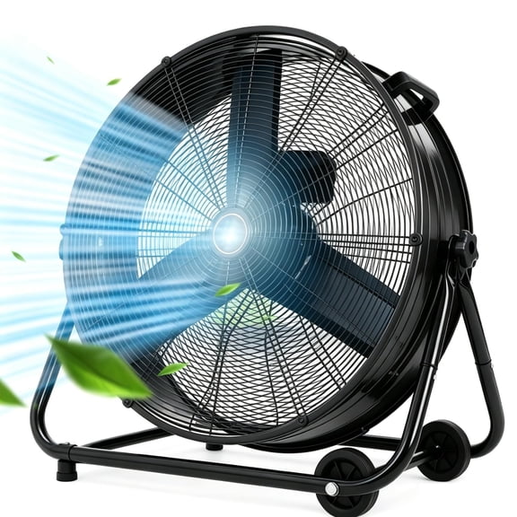 24" High Velocity Drum Fan, 8800 CFM Industrial Floor Fan, ETL Listed, 3-Speed, 360° Tilt, Large Wheels for Garage, Warehouse, Black