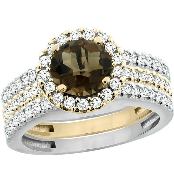 14K Gold Natural Smoky Topaz 3-Piece Ring Set Two-tone Round 6mm Halo Diamond, size 5