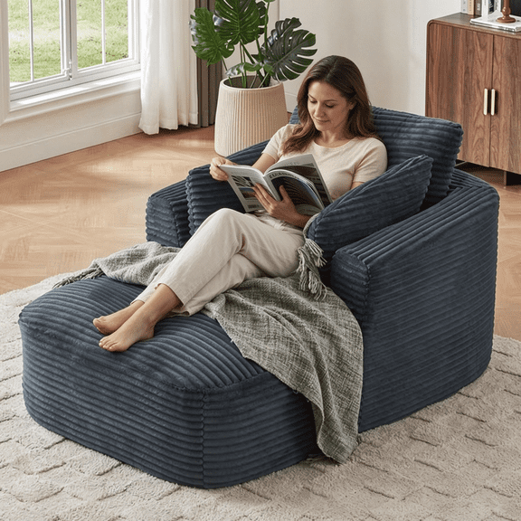 EHANCIS Oversized Corduroy Chaise Lounge Chair,Comfortable Boneless Sleeper Sofa,Couch with 2 Pillows for Living Room,Apartment & Reading Nook,DARK GREY