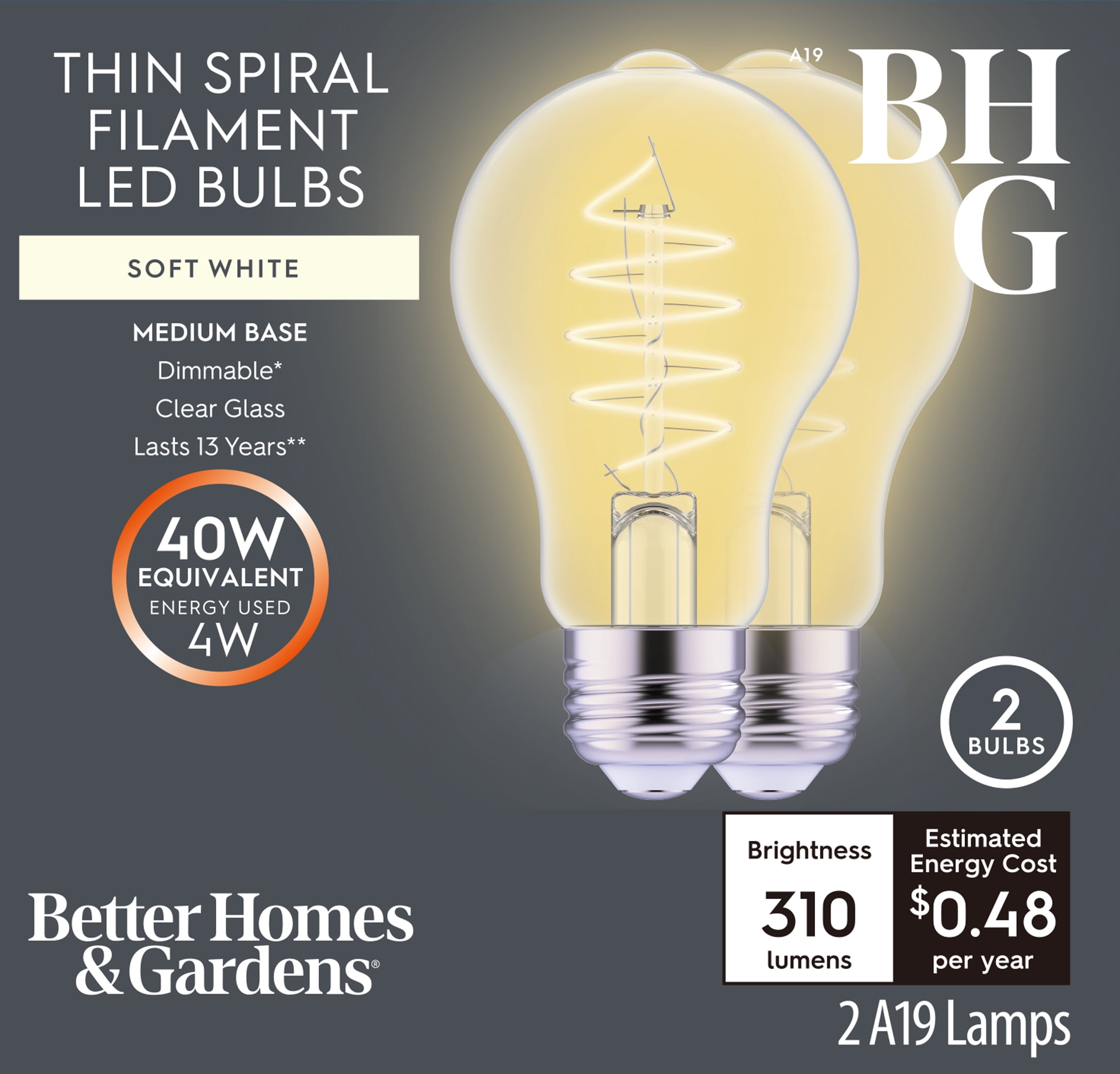 (2 pack) Better Homes & Gardens A19 LED Vintage Light Bulb, 4 Watts (40W Equivalent), Soft White, Thin Filament, E26, 2PK