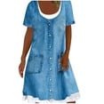 thumbnail image 2 of Sakmal Womens Dresses Fake Two Piece T Shirt Blue Midi Dress Short Sleeve Denim Scoop Neck Dresses, 2 of 6