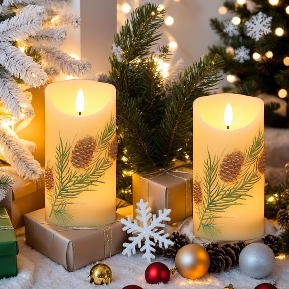 JINYUN-Christmas Candles with Timer, 2 Pcs LED Pinecone Flameless Candles Battery Operated with 3D Flickering Flame, Pine Cone Pattern for Holiday Indoor Decoration (D3” x H5.7”)