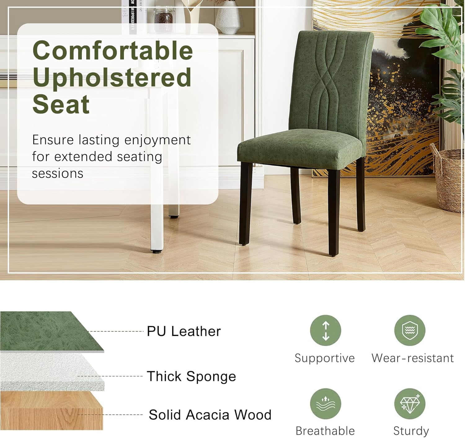 VECELO Upholstered Dining Chairs, Modern PU Leather High Back Chair with Wood Legs for Kitchen, Living Room, Set of 6, Dark Green