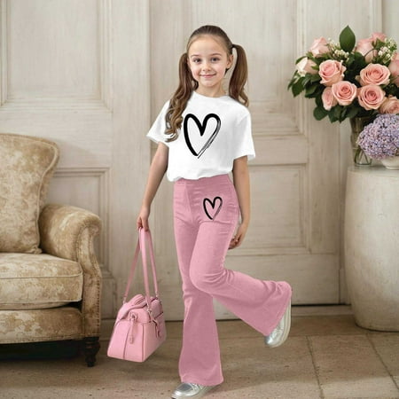 ZHOGXU Big Kids Girls Outfit Love Heart Printed Short Sleeve Round Neck Top And Flare Leg Pants Two Piece Comfortable Fashion Sets For Daily Wear Light Pink 9-10 Years