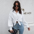 thumbnail image 4 of Camisa con botones para mujer Camisa de oficina de manga larga/corta Camisa suelta informal de negocios - Blanco Adepaton BST3000041-3, 4 of 5