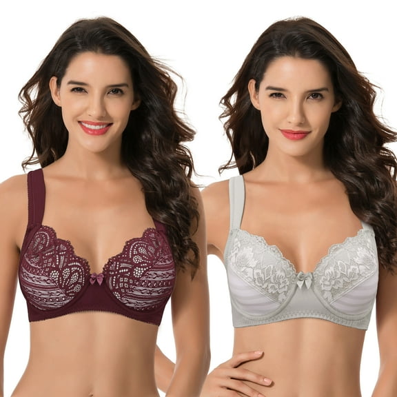 Curve Muse Women's Plus Size Unlined Underwire Lace Bra with Cushion Straps-Burgundy,Grey-Size:34B