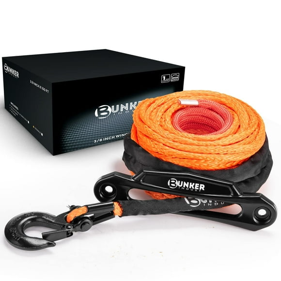 BUNKER INDUST Synthetic Winch Rope Kit,3/8" x 100' 23809LBS Winch Line Cable Replacement with Protective Sleeve+Winch Fairlead+Hook for 4WD Off Road Vehicle Jeep Truck ATV UTV SUV(Orange)