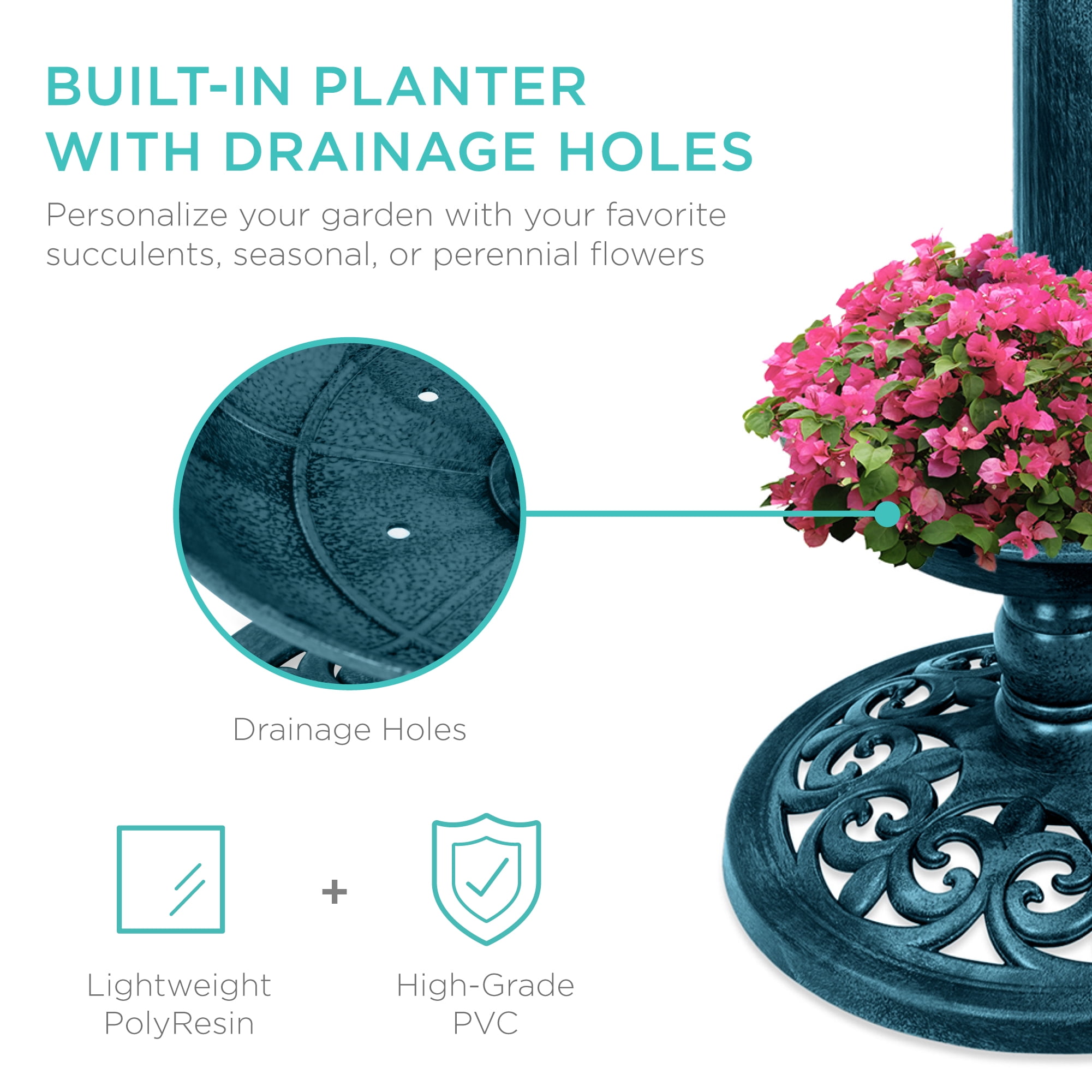 Best Choice Products Solar Lighted Pedestal Bird Bath w/ Planter, Integrated Panel - Peacock Blue