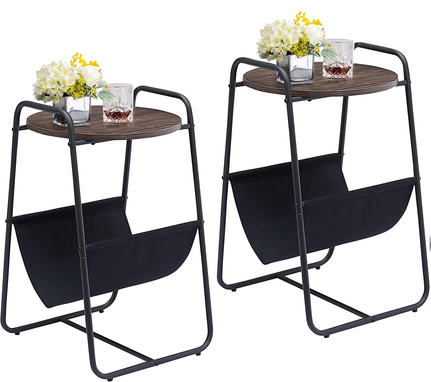 VECELO (Set of 2) Round End Table with Storage Pockets, Sofa Side Snack ...