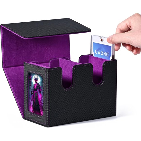 ERDS-Deck Box with Dual Commander Displays, Card Storage Box Holds 250+ Single-Sleeved Cards, Trading Card Box Suitable for CCG, MTG, EDH(Black&Purple)
