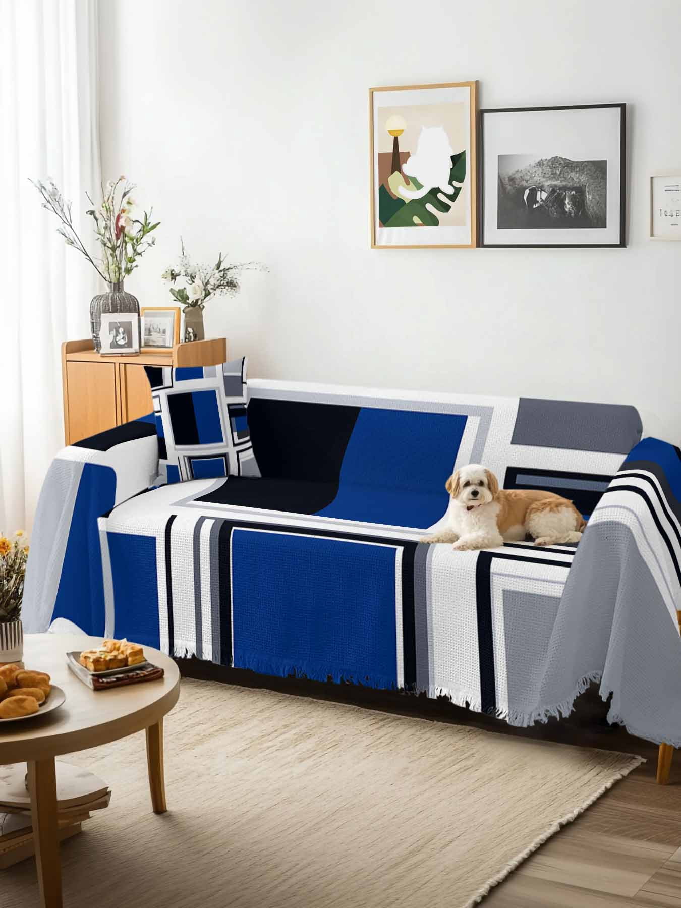 Blue Grey Geometric Couch Cover, Abstract Art Irregular Contemporary Oversized Sofa Cover Blanket for 3 Cushion Couch, Sectional Sofa Slipcover Furniture Protector for Living Room Bedroom 71''x150''