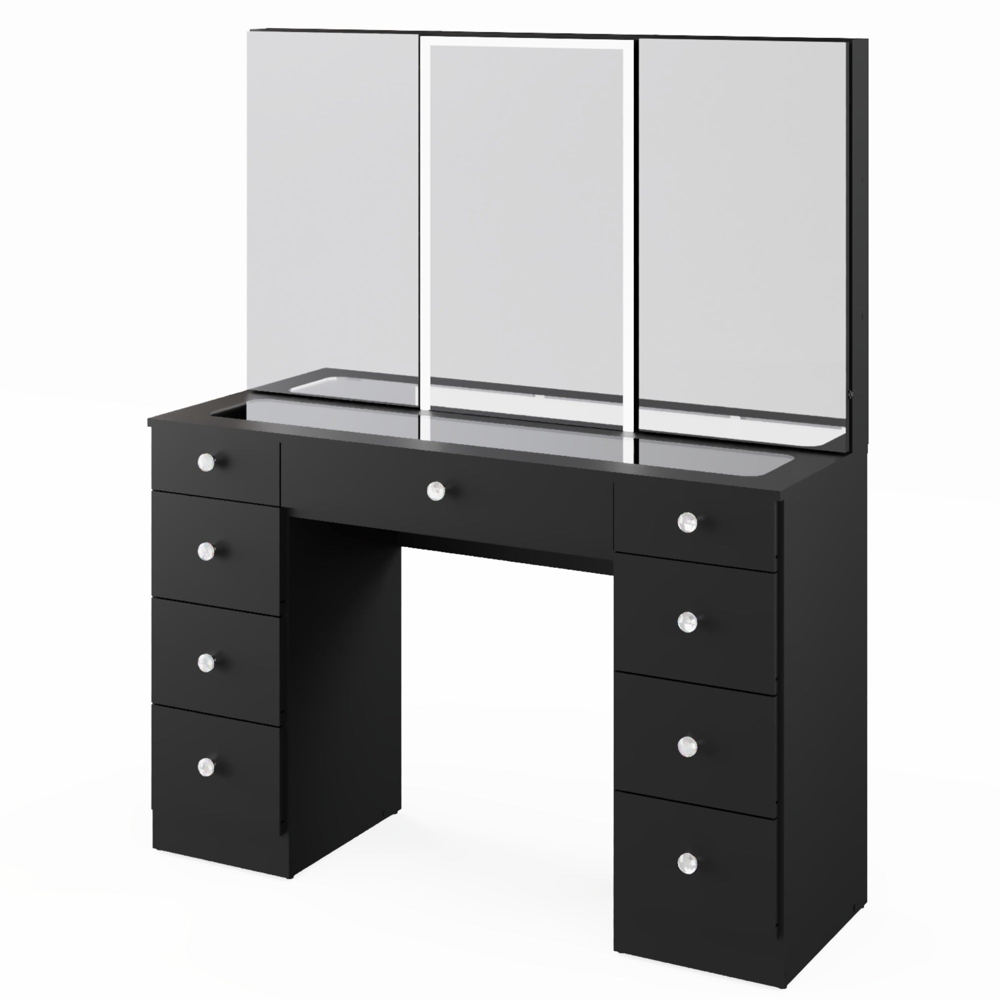 Boahaus Noah Vanity Desk with Tri-Fold Mirror, Glass Top, LED Add-On Lights, and 9 Drawers