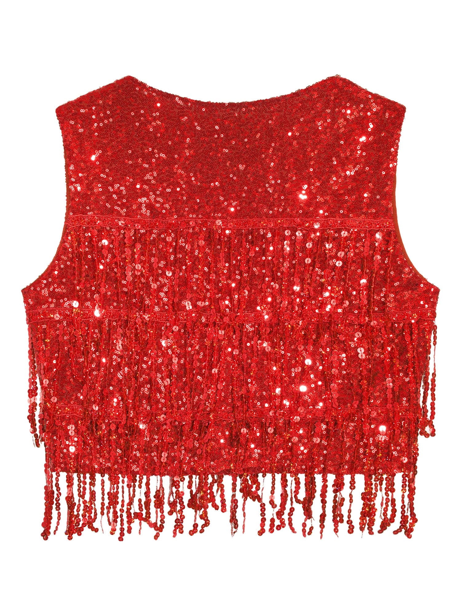inhzoy Women's Sequin Fringe Vest Open Front Waistcoat