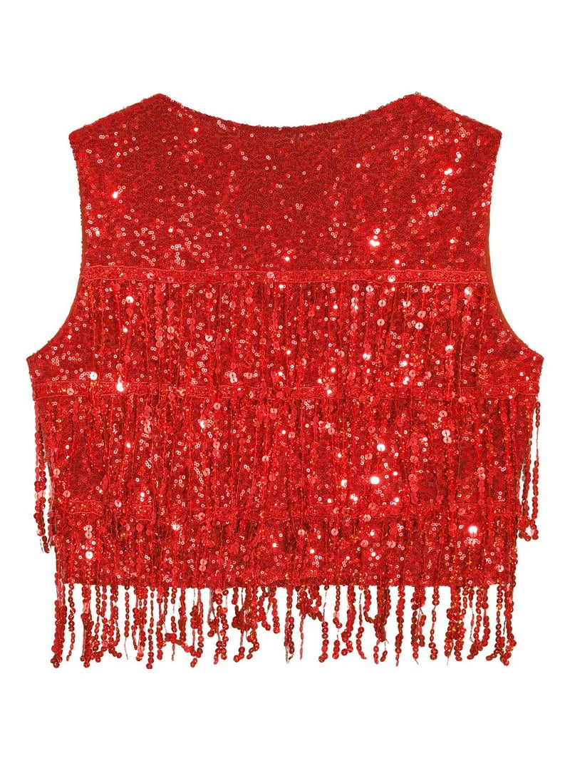 inhzoy Women's Sequin Fringe Vest Open Front Waistcoat Sleeveless