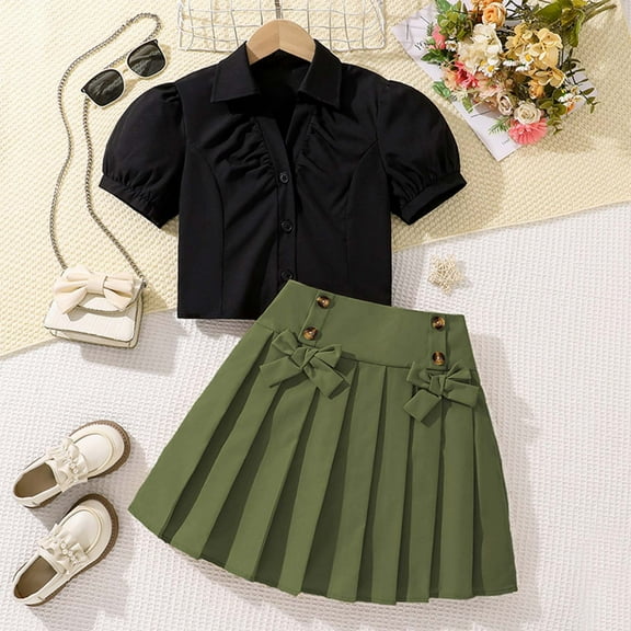 Girls Summer Short Sleeve Shirt With Bow And Pleated Skirt Set For Big Kids Elegant Two Piece Outfit For Kids
