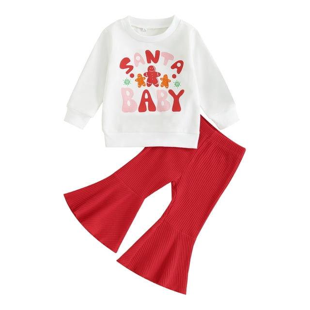 Fortune 6M-3Y Baby Girls Christmas Outfits Santa Print Long Sleeve Sweatshirt Solid Color Flared Pants Set