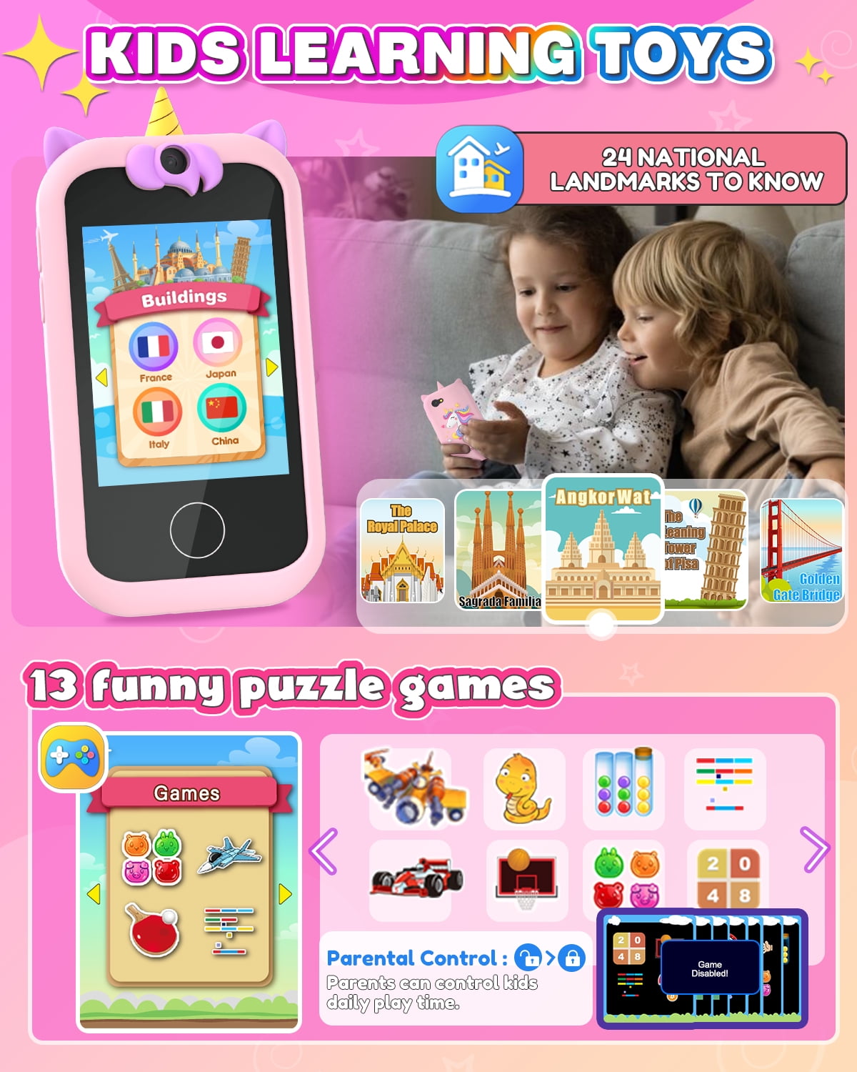 Kids Phone Toy Gift for Girls 3 4 5 6 7 8 Years Old, Toddler Smart Phone  Unicorns Learning Toys - Pretend Play Phones with Educational Games, MP3