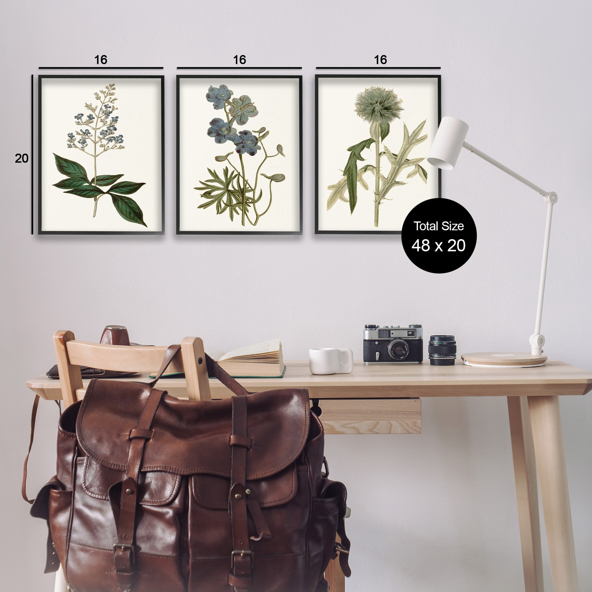 Stupell Industries Vintage Blue Botanical Flowers on Beige Design by Curtis, 3 Piece, 16" x 20", Black Framed