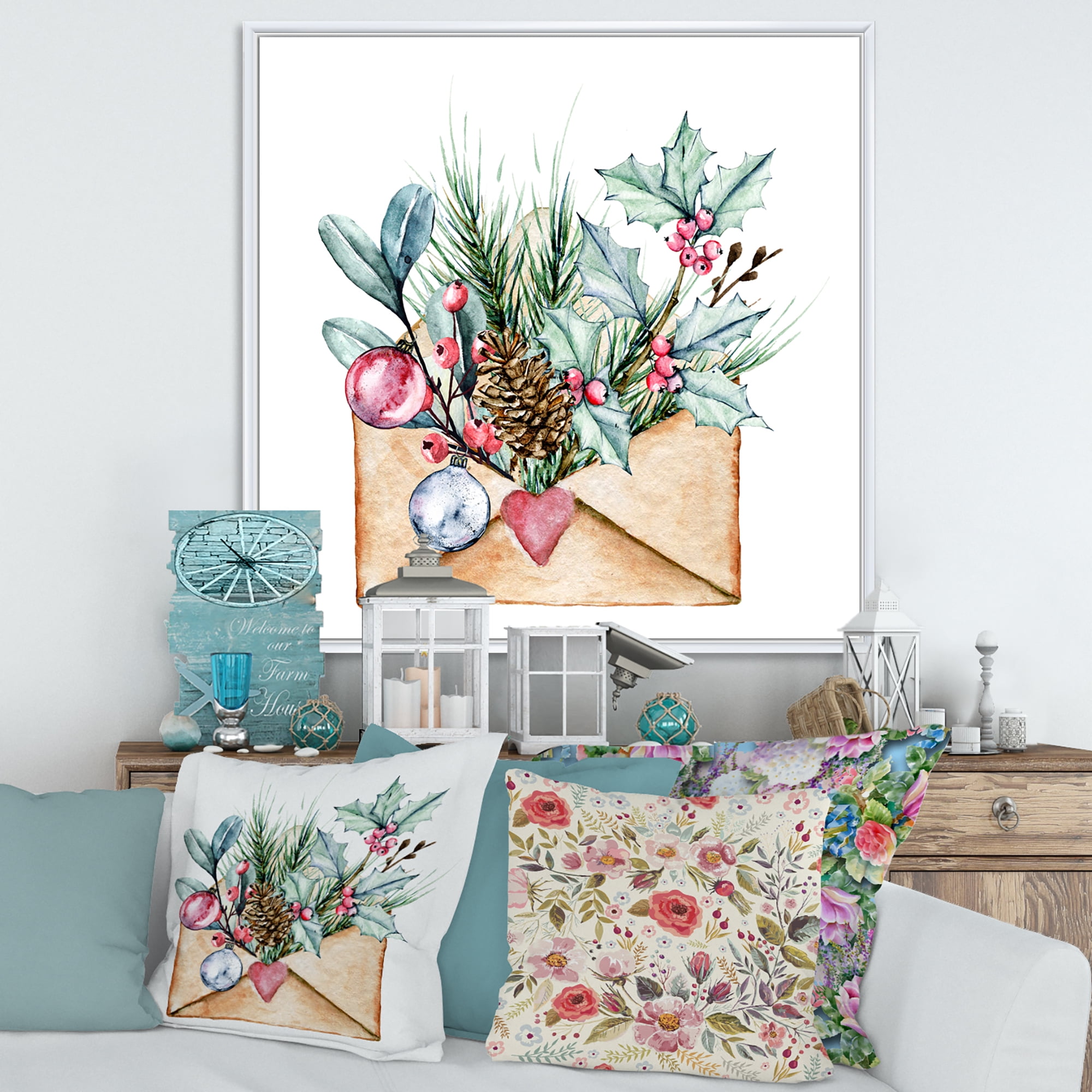 Merry Christmas Greeting Card Envelope 30 in x 30 in Framed Painting Canvas Art Print, by Designart