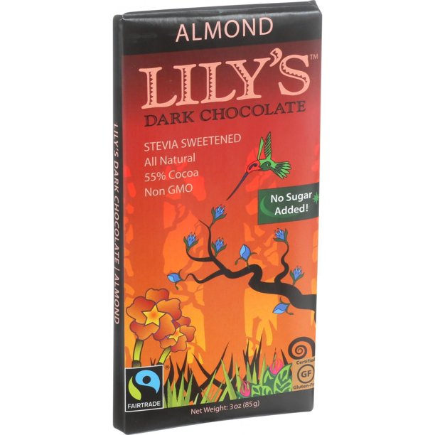 Lily's Chocolate Bar, Dark Chocolate, Almond, 3oz, Pack of 12 (No Sugar