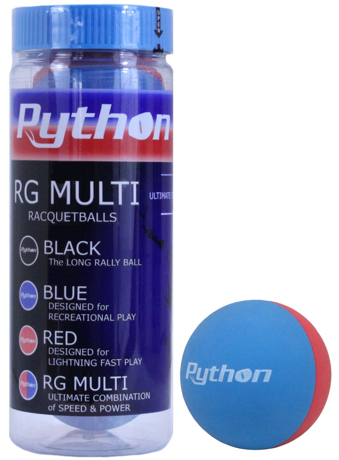 Endorsed by Racquetball Legend Ruben Gonzalez! Python 3 Ball Can RG Multi Colored Racquetballs Red/Blue, Red/Black, Black/Bue Colors Available