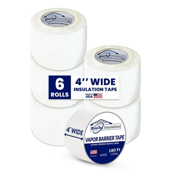 BlueTex Insulation? 4'' Wide x 180' Long White Vapor Barrier Tape - 6 Rolls, Waterproofing for Stucco, Crawlspaces, Repair, Underlayment Seams, Metal Building Seams, Excellent Air Barrier