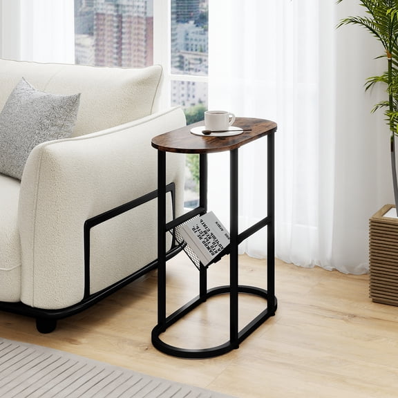 Spaco 2-tier Oval Narrow Bedside End Table-Rustic Brown, Small Side Table, End Table for Bedroom Living Room