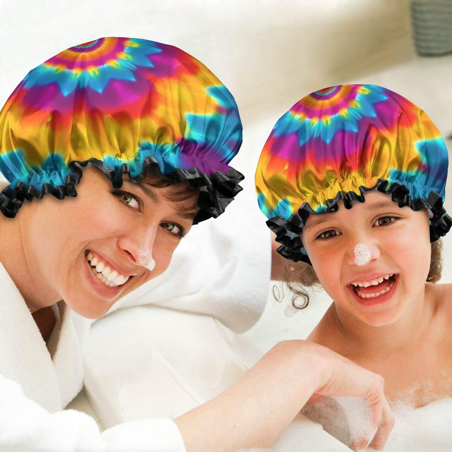 Shower Caps,Colorful Rainbow Tie Dye Spiral Pattern Waterproof Shower Cap for Women 4 Pieces,Double Reusable Hair Cover for Shower PEVA Elastic Stretch Hem