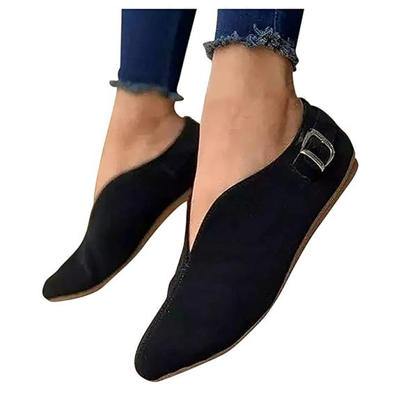 Jacenvly 2024 New Women's Casual Shoes, Flat Shallow Belt Buckle Lazy Pointed Suede Summer Flat Shoes Black Sandals for Women