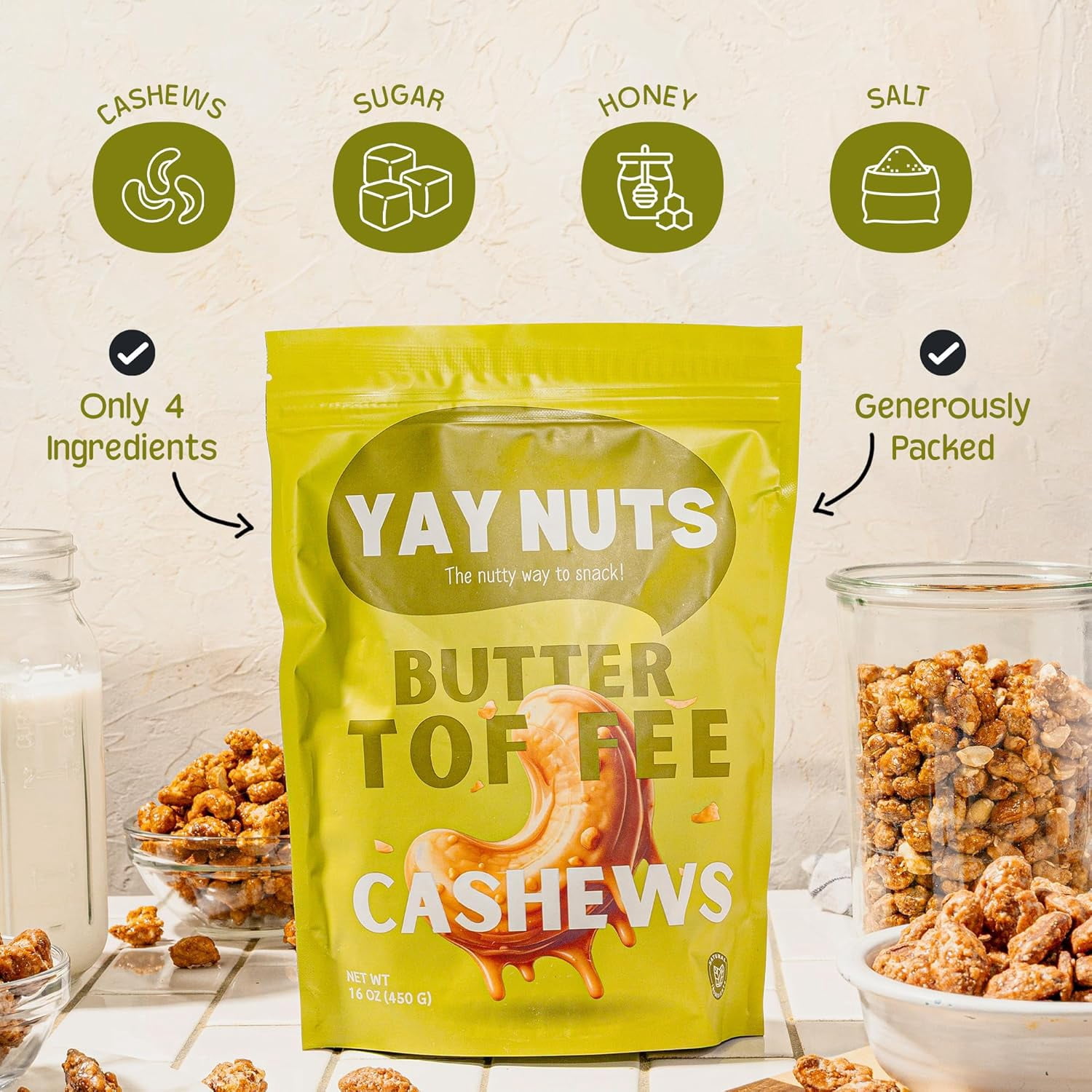 Yay Nuts Butter Toffee Cashews, Sweet and Crunchy Gourmet Snack, 1 lb Resealable Bag