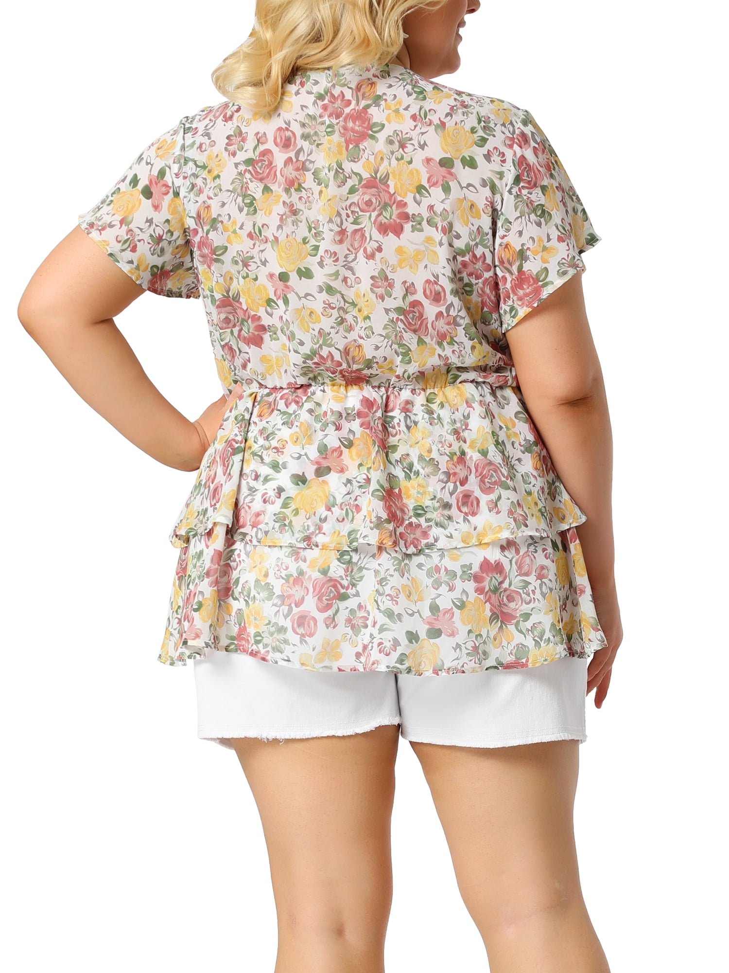 Unique Bargains Women's Plus Size V Neck Flare Floral Print Sleeve Tiered Peplum Top