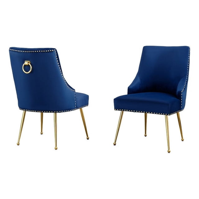 Set de 2 Chaises Rembourrées en Velours Bleu Marine avec Pieds en Fer Doré Chromé