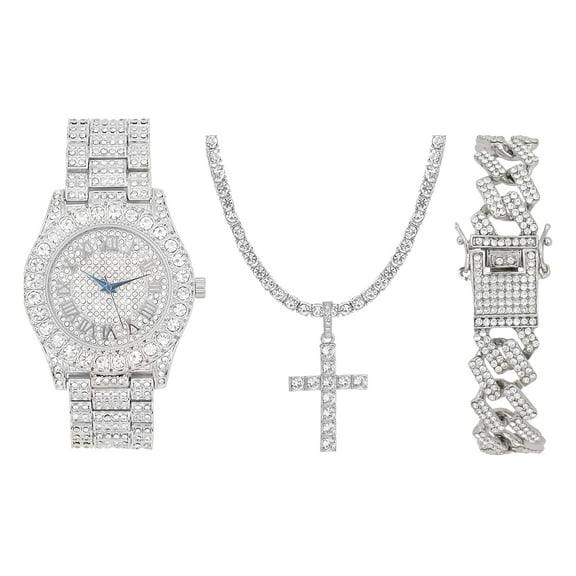 Charles Raymond Luxury Mens Iced Out Tennis Cross Necklace w/Diamond Quartz Wristwatch - Be Lit & Choose The Matching Blinged Out Cuban ZZ Bracelet Set - ST10327RN Classic SLV SLV 3pc Set (24")