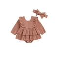 thumbnail image 2 of Musuos Baby Girls 2 Piece Outfits 0-18M Solid Color Ruffles Long Sleeve Romper Dress and Cute Headband Set for Toddler Infant, 2 of 9