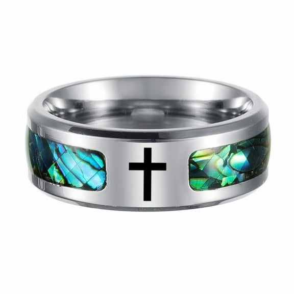 PAMTIER Unisex Stainless Steel Personality Cool 8MM Inlay Rainbow Abalone Seashell Cross Signet Amulet Crucifix Ring Beveled Edges Size 7