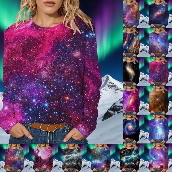 IWRICH Women's Long Sleeve Crew Neck T Shirts Space Printed Tees Causal Fashion Rave Clothes 07-Purple XL