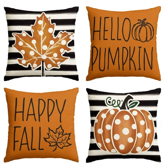 Sm:)e Set of 4 Fall Pillow Covers 18x18 Inch - Autumn Decorative Throw Pillowcases with Pumpkin, Maple Leaf, Hello Pumpkin & Happy Fall Designs