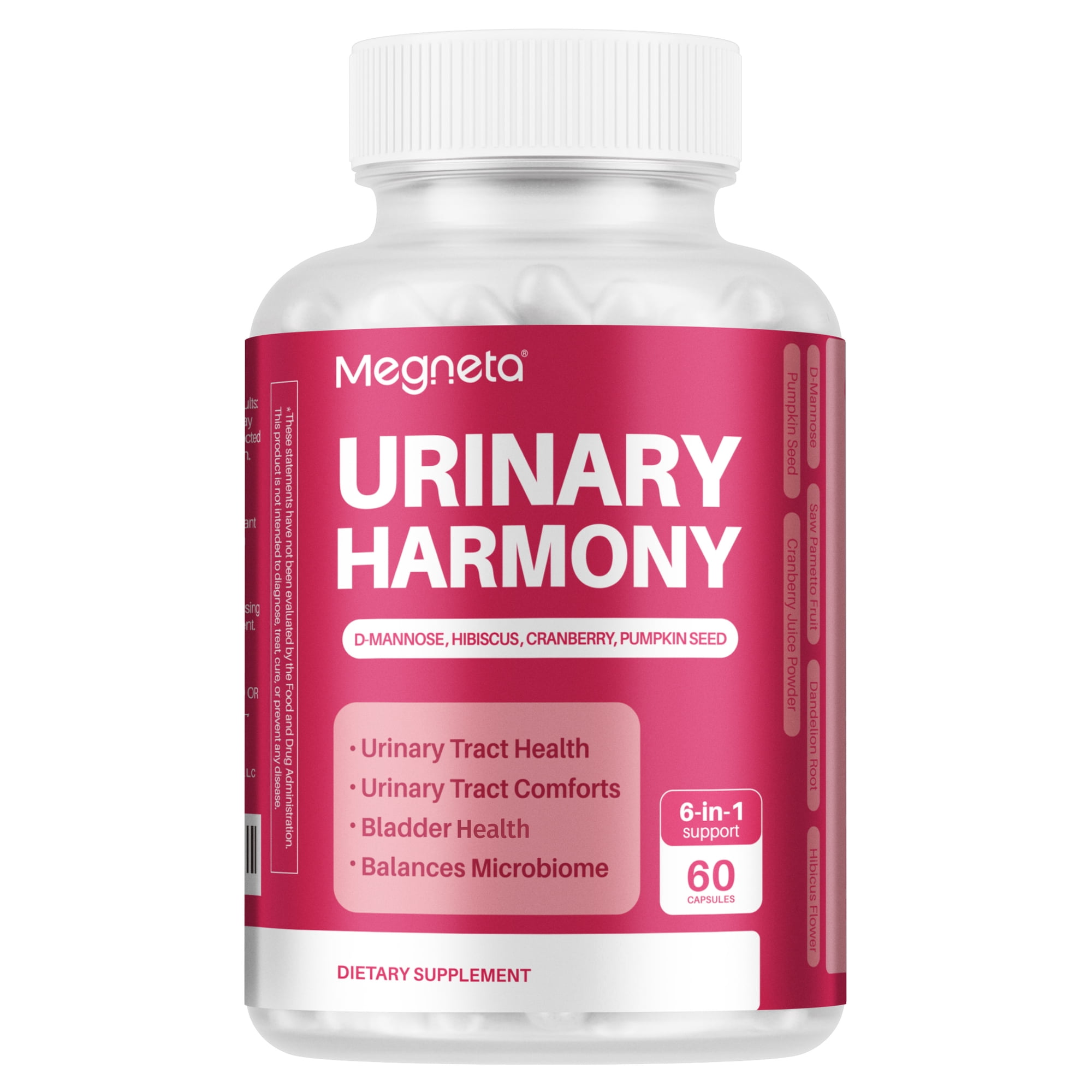 Megneta Urinary Harmony Supplement 1500mg, 6-in-1 UTI Relief & Bladder Support Capsules with D-Mannose 1000mg, Cranberry, Hibiscus, Pumpkin Seed, Dandelion & Saw Palmetto, Vegan, 60 Count