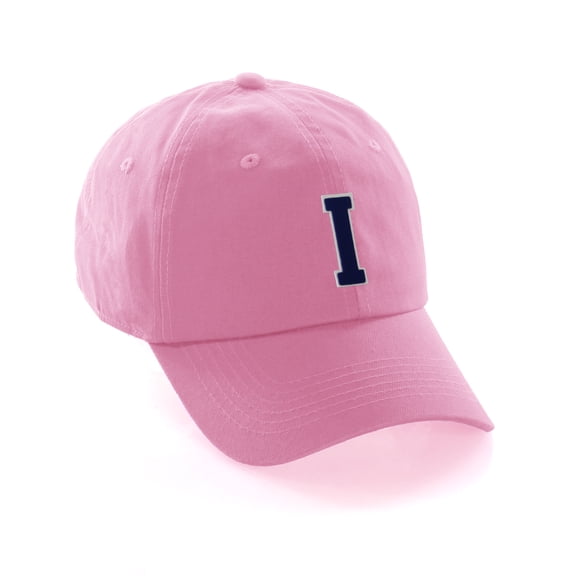 Customized Letter Intial Baseball Hat A to Z Team Colors, Pink Cap White Navy Letter I