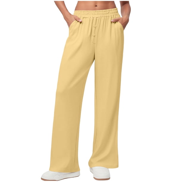 Pantalones de Pierna Ancha de Cintura Alta para Mujeres Pantalones de Cintura Elásticos de Cordón de Lino de Color Sólido, 4 Bolsillos Que Fluyen Pantalones de Verano