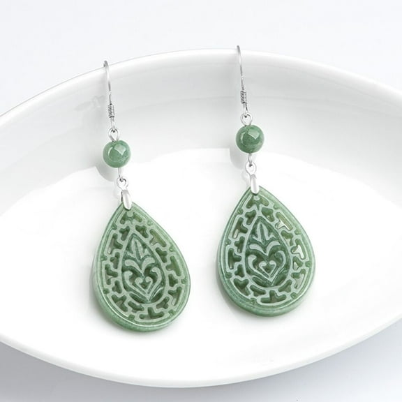 925 Sterling Silver Natural A Grade Jade Jadeite Hollow Carved Dangle Earrings
