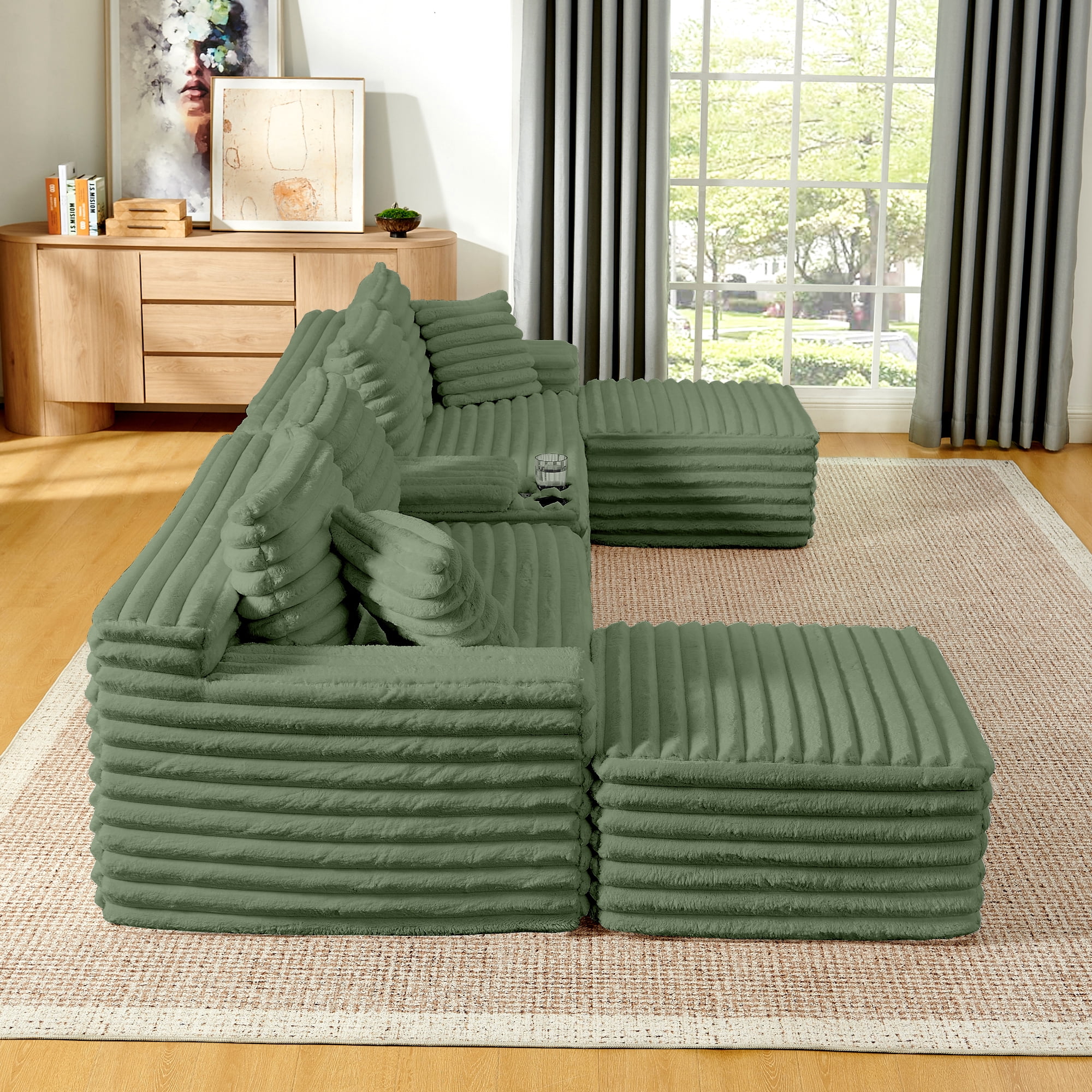 BSHTI 127" Corduroy U Shape Sectional Sofa with Console, Cup Holders, USB Port, 2 Ottomans for Living Room（Green）