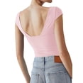 thumbnail image 3 of QAFOPEH Women Low-Cut V Neck Short Sleeve Solid Color Slim Cropped Top, 3 of 7