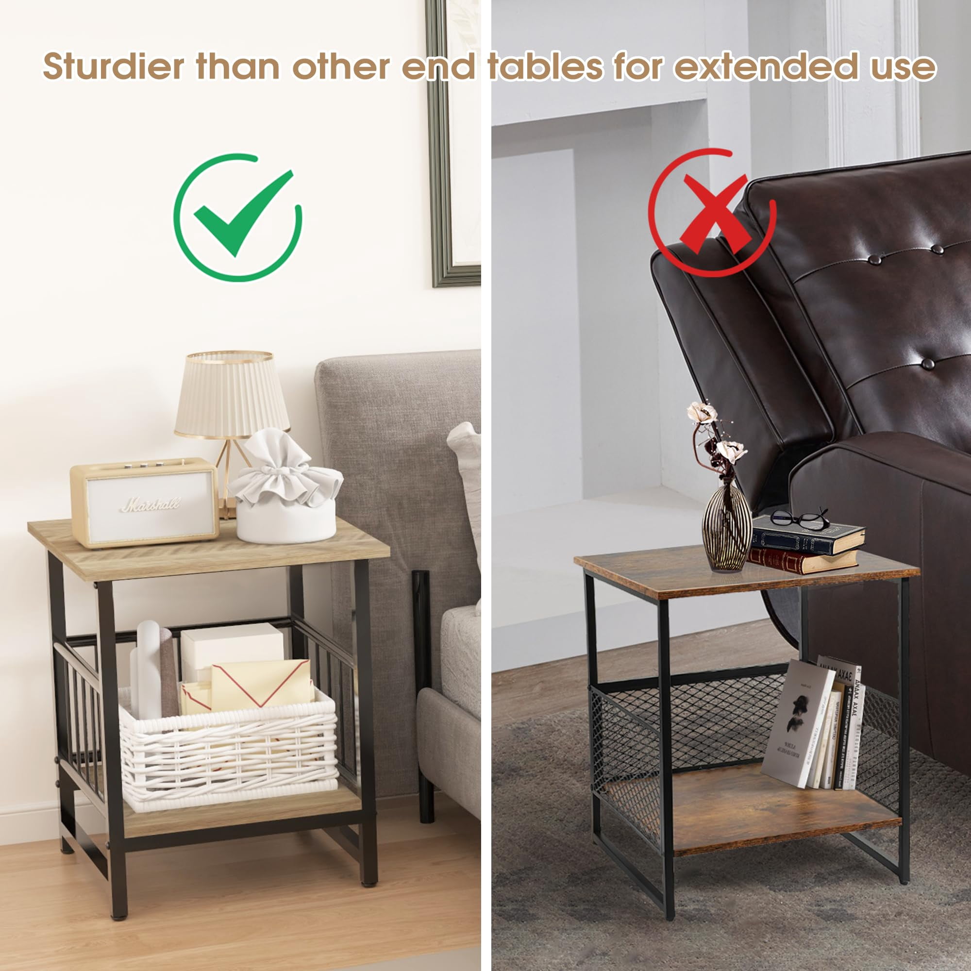 End Table  Industrial Side With 2-tire Storage Shelf 180lbs Mini Fridge Stand Adjustable Feet 18"x18" Wood Night Small Bedside For Living Room Bedroom Grey